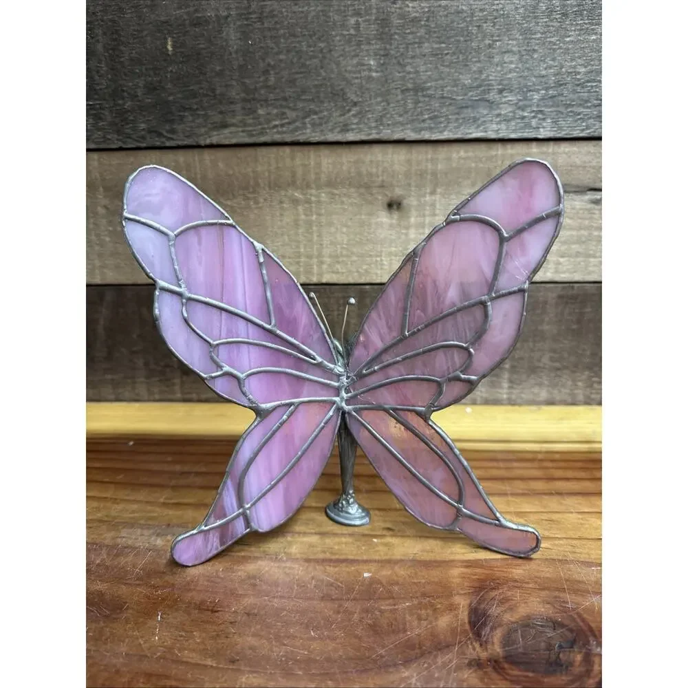Flaw-Vintage Lead Pewter Fairy with Pink Stained Glass Wings -read
